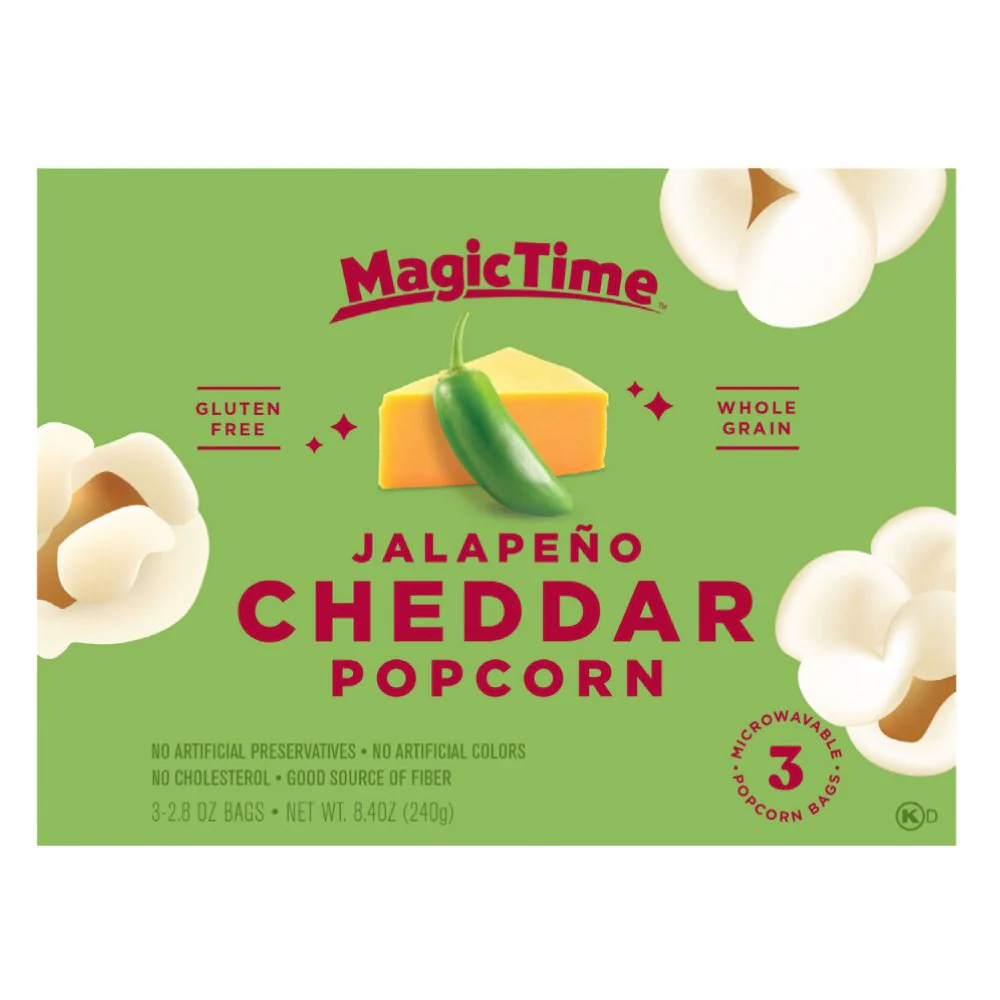 Magic Time Jalapeno Cheddar Popcorn, popcorn al gusto di peperoncino e cheddar da 240g