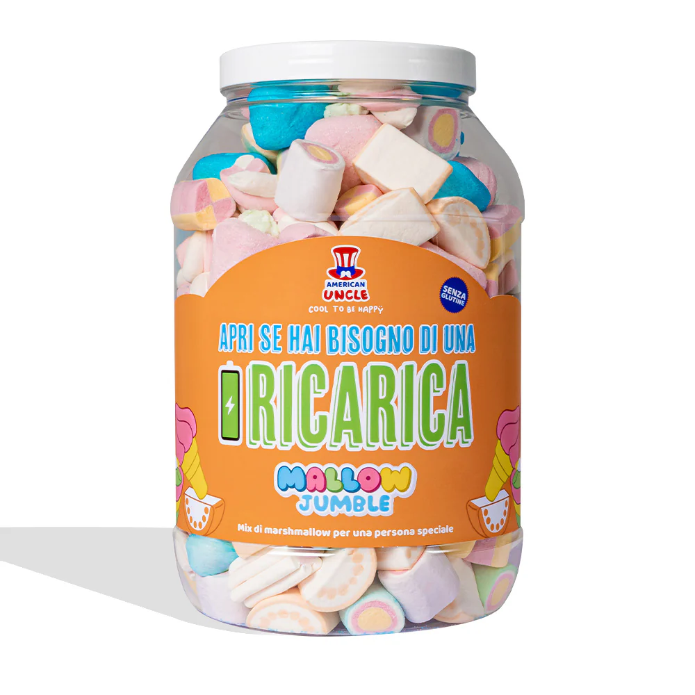 Mallow Jumble "Apri se hai bisogno di una ricarica", barattolo di marshmallow da comporre con i tuoi gusti preferiti