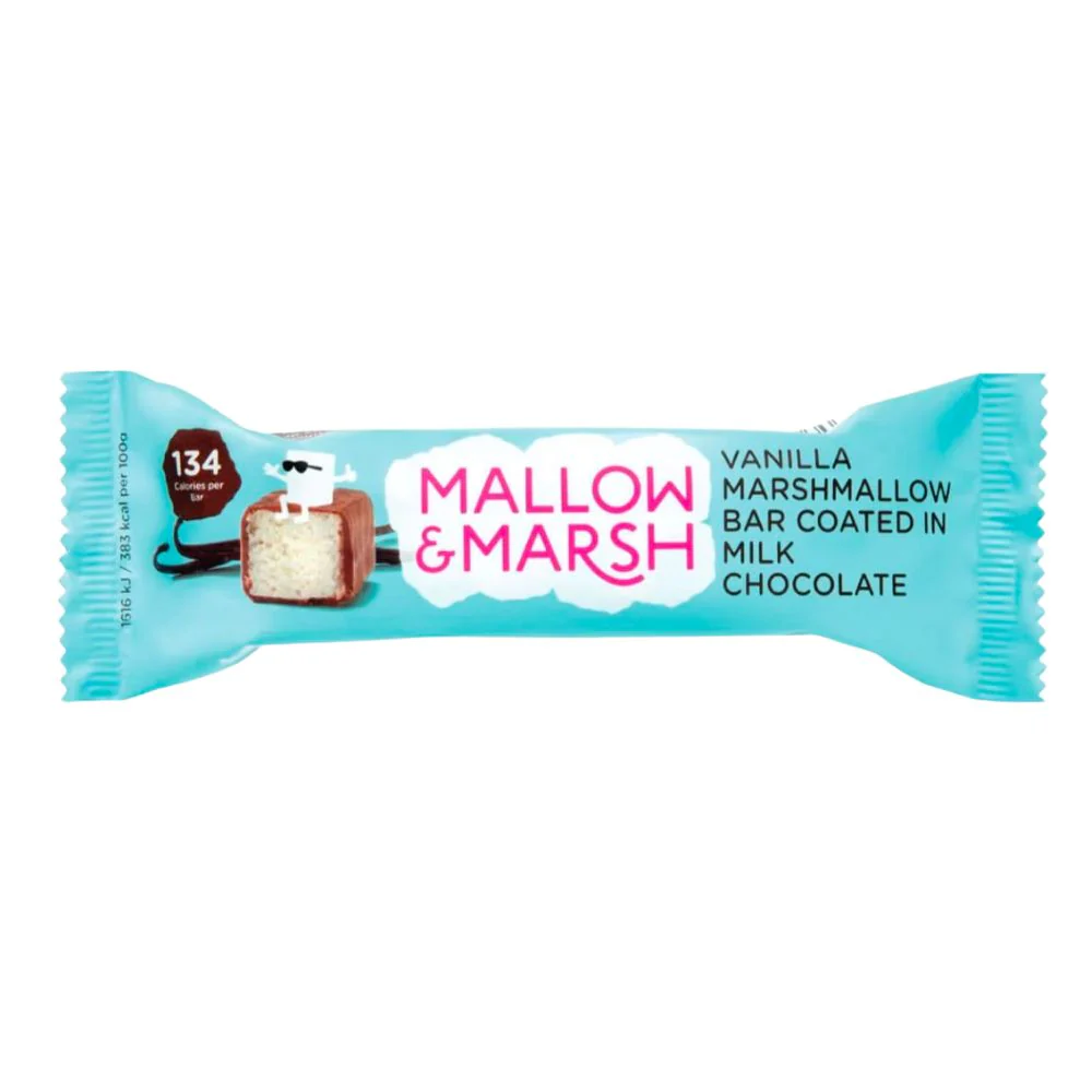 Mallow & Marsh Milk Chocolate Vanilla Marshmallow Bar, barretta di marshmallow alla vaniglia ricoperta di cioccolato a latte da 35g