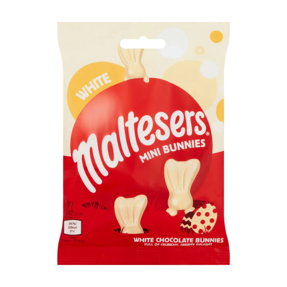 Maltesers White Mini Bunnies, cioccolato bianco con ripieno al malto d'orzo e pezzi croccanti da 58g