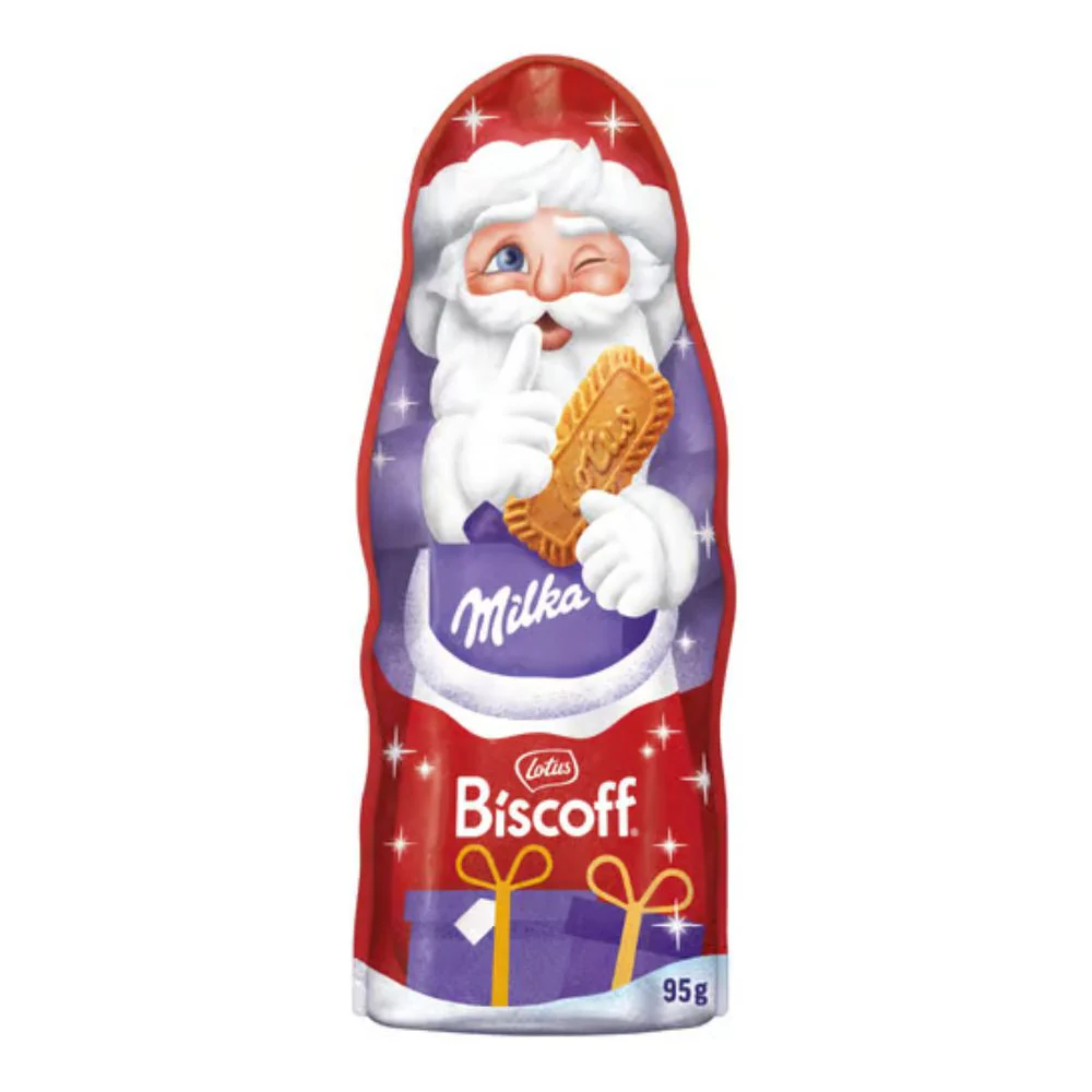 Milka Chocolate Santa Claus Lotus Biscoff, cioccolato al latte alpino con pezzetti di biscotto caramellati da 95g