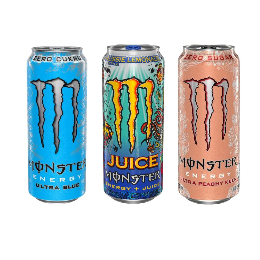Monster Mix: 1 Monster Blue da 500ml, 1 Monster Energy Aussie Lemonade da 500ml, 1 Monster Energy Ultra Peachy Keen da 500ml