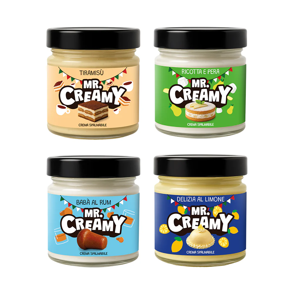 Combo Mr. Creamy "Italian Pastry Collection", Ricotta e Pera + Tiramisù + Delizia al Limone + Babà al Rum (4 creme da 200 g)