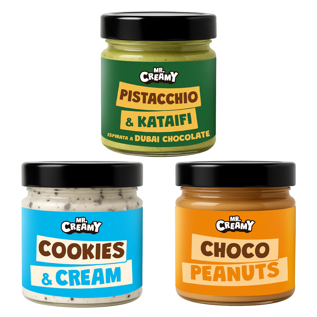 Combo Mr. Creamy "Best Seller", Pistacchio & Kataifi + Cookies & Cream + Peanut Butter Cup (3 creme da 200 g)