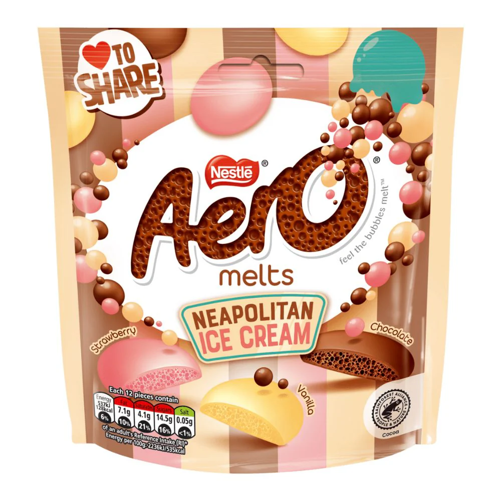 Nestlè Aero Melts Neapolitan Ice Cream, cioccolato al latte aerato con pezzi al gusto di fragola e vaniglia da 86g
