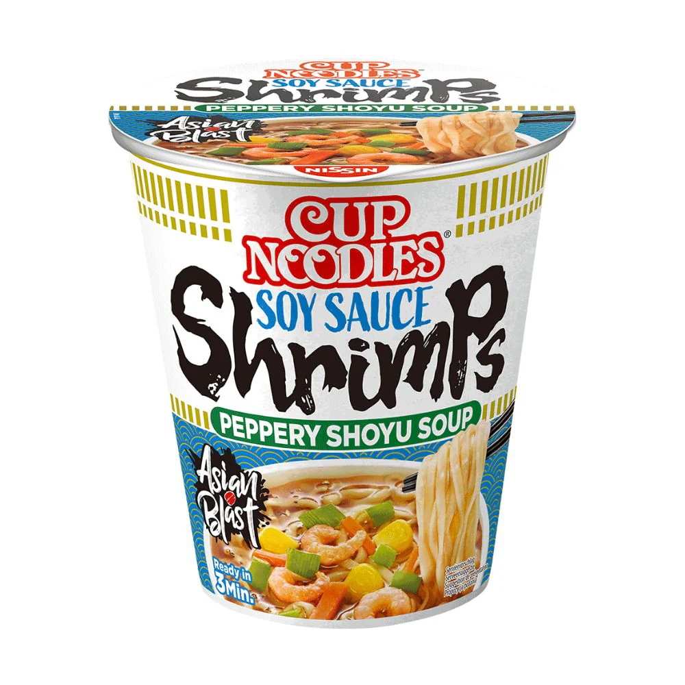 Nissin Noodles Soy Sauce Shrimps Peppery Shoyu Soup, noodles istantanei al gusto di gamberetti da 63g