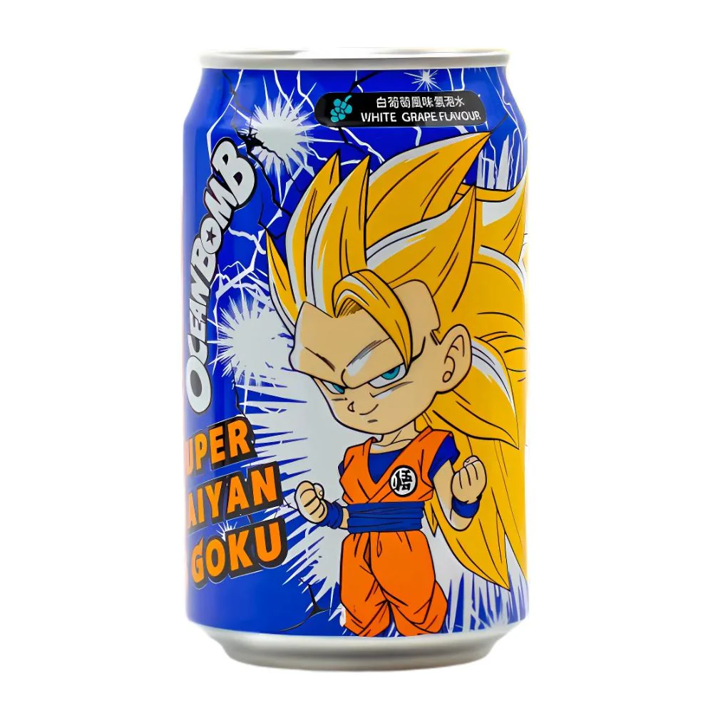 Ocean Bomb Goku Super Saiyan 3, bevanda gassata aromatizzata al gusto di uva bianca da 330ml
