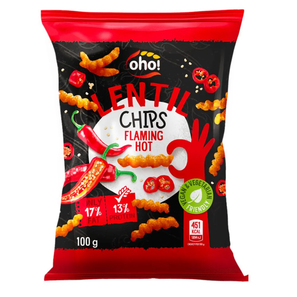 Oho Lentil Chips Flaming Hot, chips di lenticchie piccanti da 100g