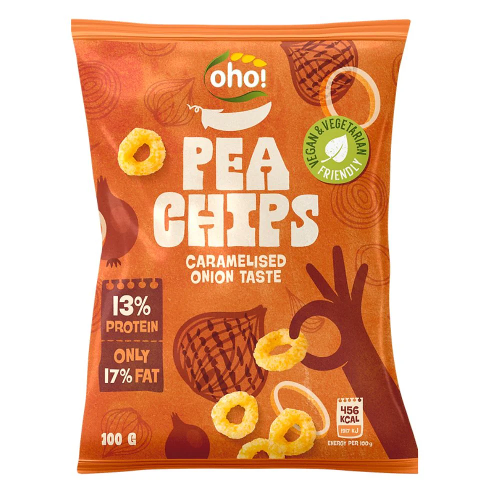 Oho Pea Chips Caramel Onion, chips di piselli alla cipolla caramellata da 100g