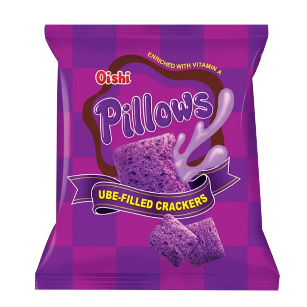 Oishi Pillows Ube Filled Crackers, crackers ripieni di crema di ube da 38g