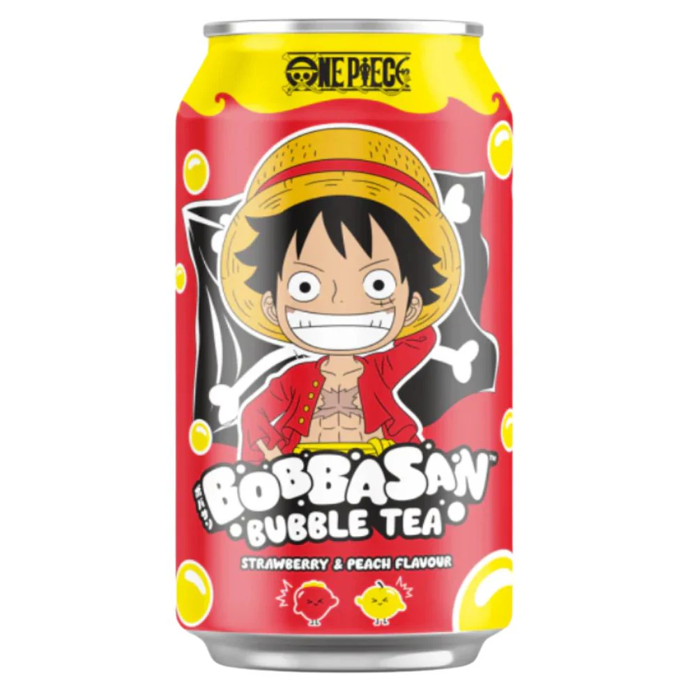 One Piece Luffy Bobbasan Ultra Ice Tea Strawberry & Peach Flavour, bubble tea al gusto di fragola e pesca da 320ml