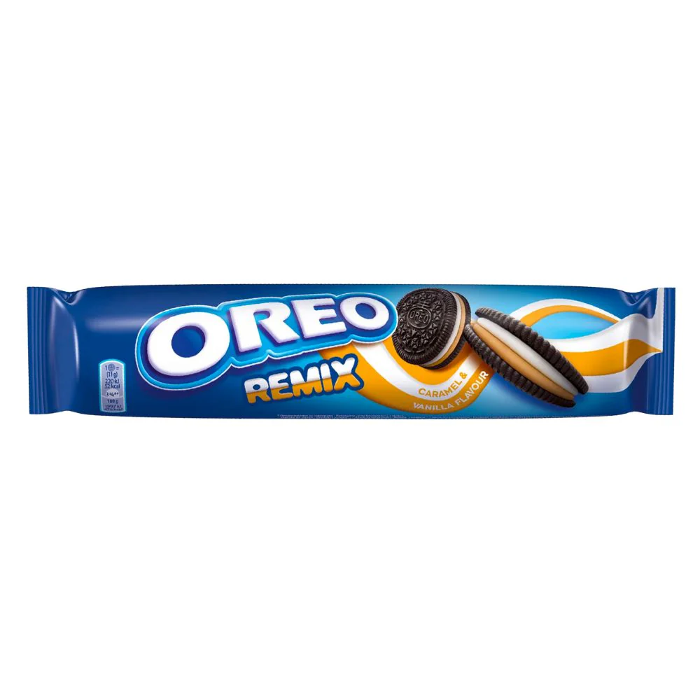 Oreo Remix Caramel&Vanilla Flavor, biscotto al cioccolato ripieno di crema al caramello e alla vaniglia da 157g