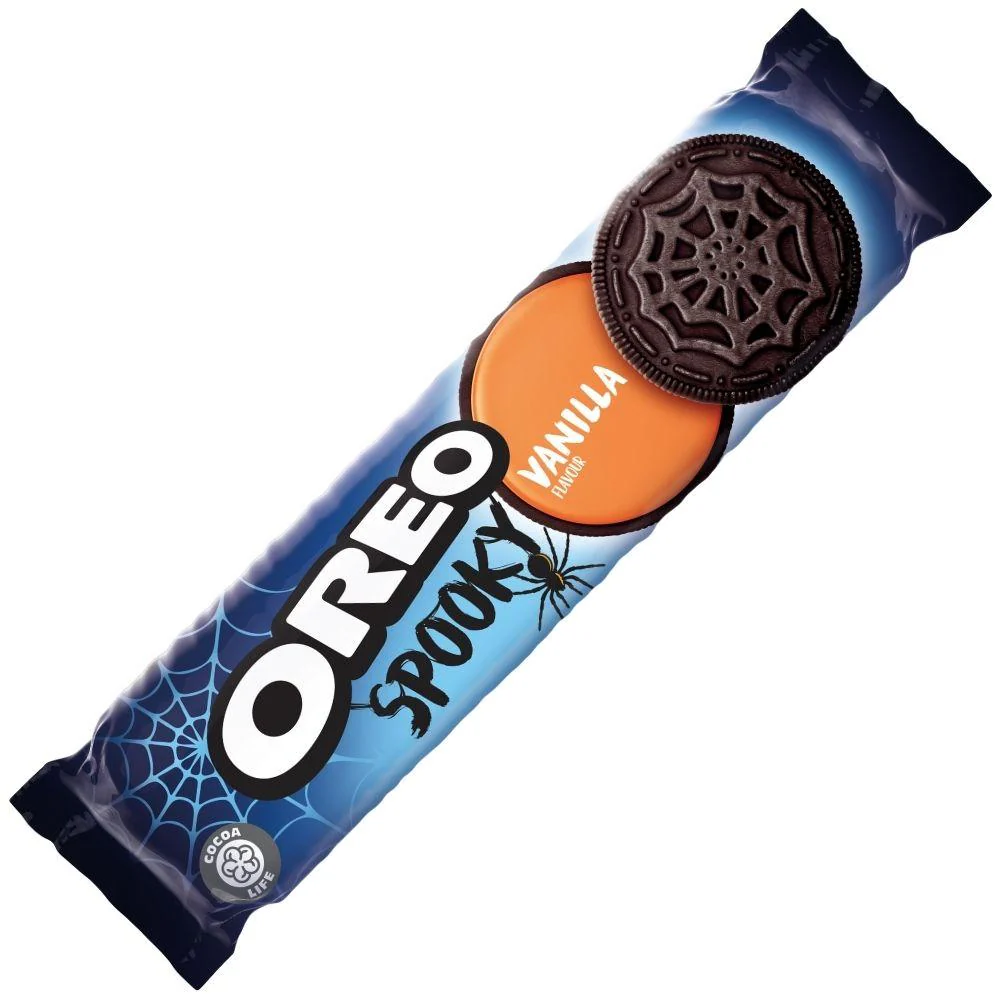 Oreo Spooky Vanilla, biscotti al cacao ripieni di crema arancione alla vaniglia da 154g