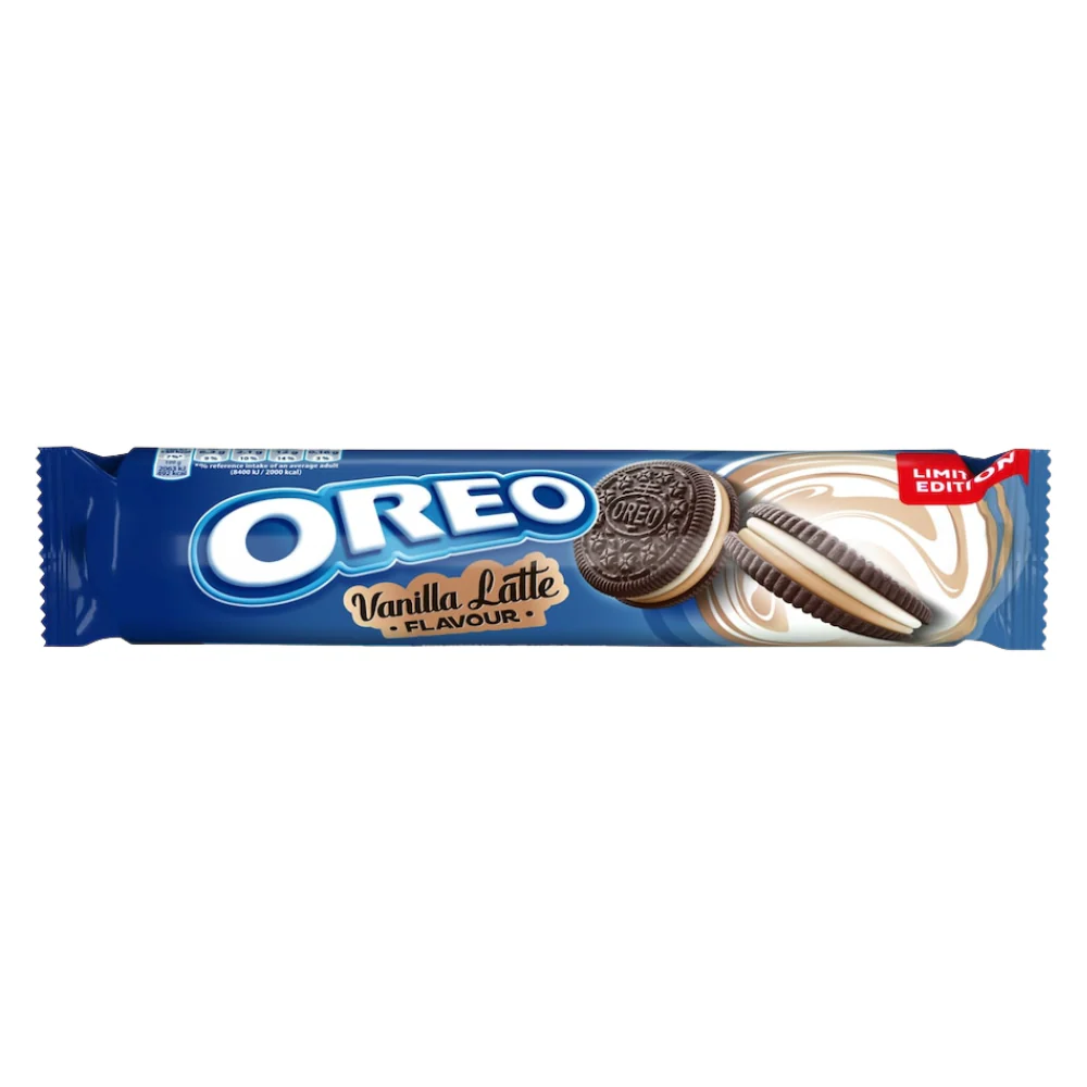 Oreo Vanilla Latte Limited Edition, biscotto con crema al gusto di vaniglia e latte da 157g