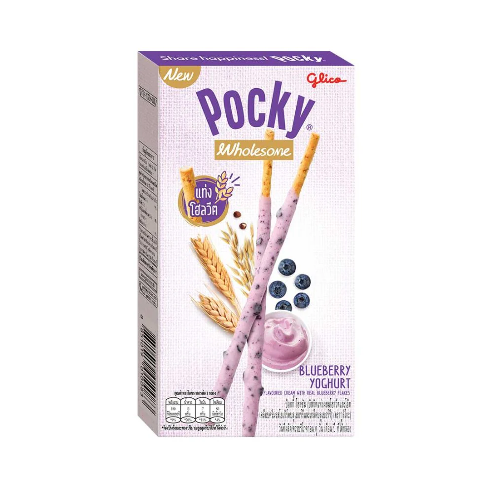 Pocky Wholesome Blueberry Yoghurt, biscotti integrali rivestiti da crema ai mirtilli da 36g