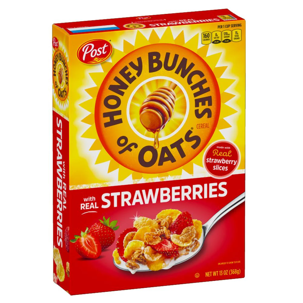 Post Cereal Honey Bunches Of Oats and Strawberries, fiocchi di avena e mais con fragole da  311g