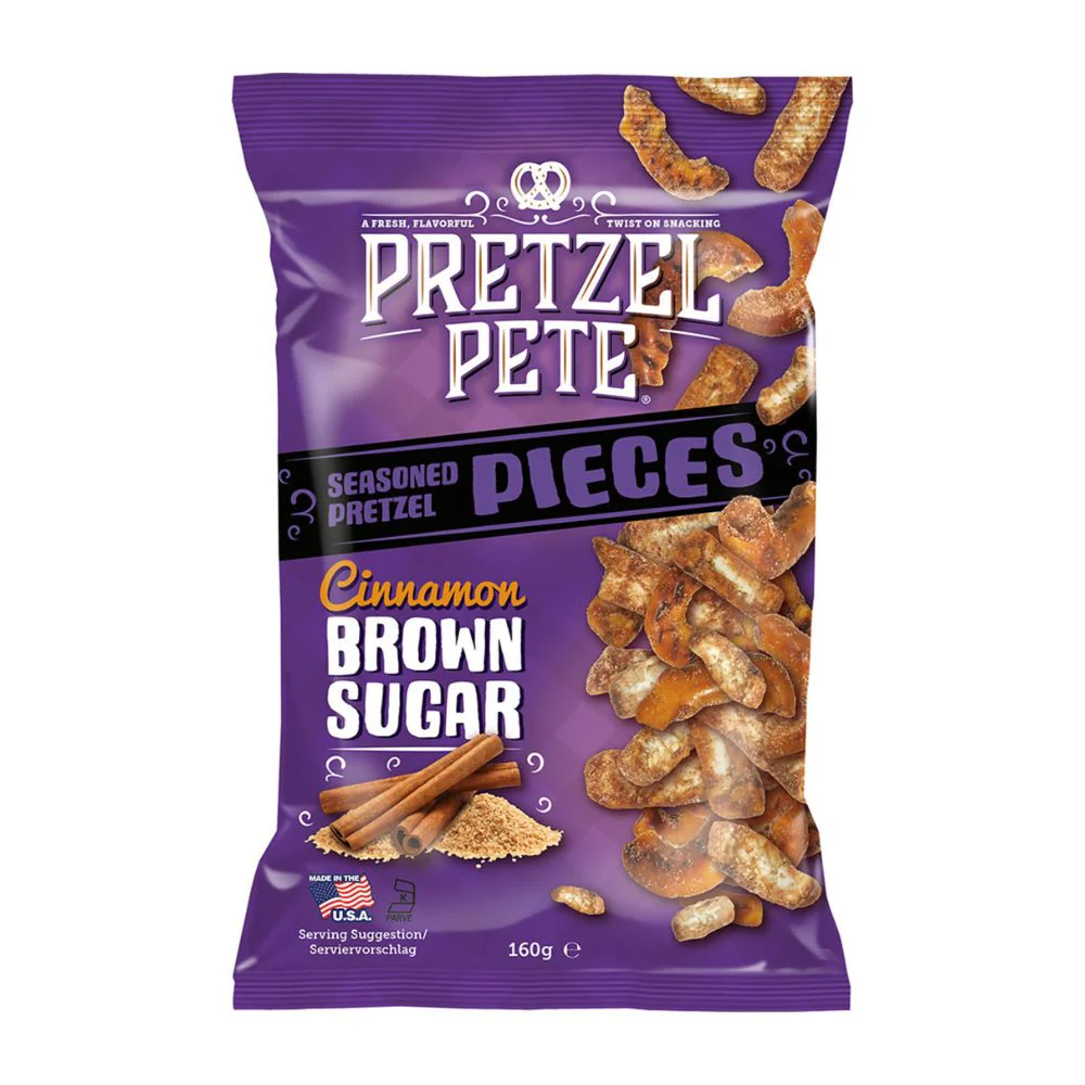 Pretzel Pete Cinnamon  Brown Sugar Pieces, pretzel al gusto di zucchero di canna alla cannella da 160g