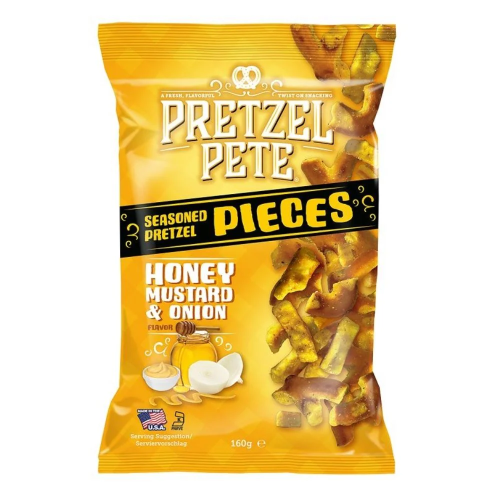 Pretzel Pete Honey Mustard & Onion, pretzel al gusto di mostarda al miele e cipolla da 160g