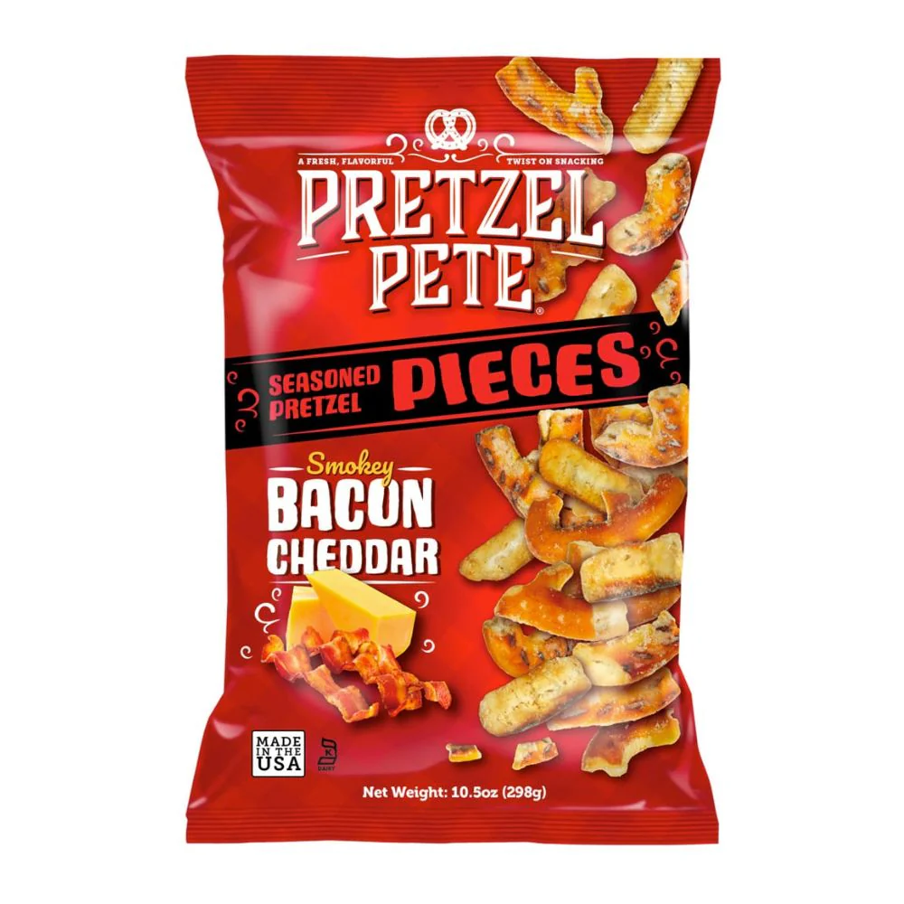 Pretzel Pete Smokey Bacon & Cheddar Pieces, pretzel al gusto di cheddar e bacon da 160g