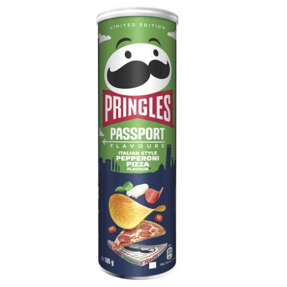 Pringles Passport Italian Style Pepperoni Pizza, patatine al gusto di pizza e salame piccante da 185g