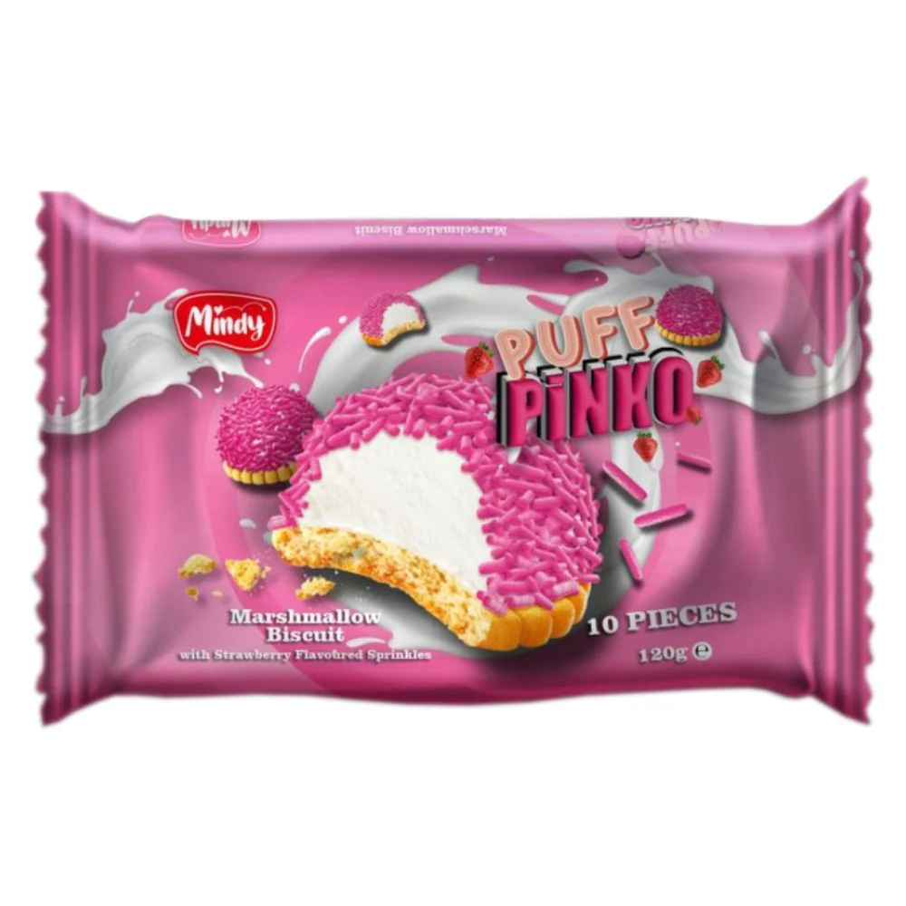 Puff Pinko Marshmallow Biscuit, biscotto con marshmallow e zuccherini al gusto di fragola da 120g