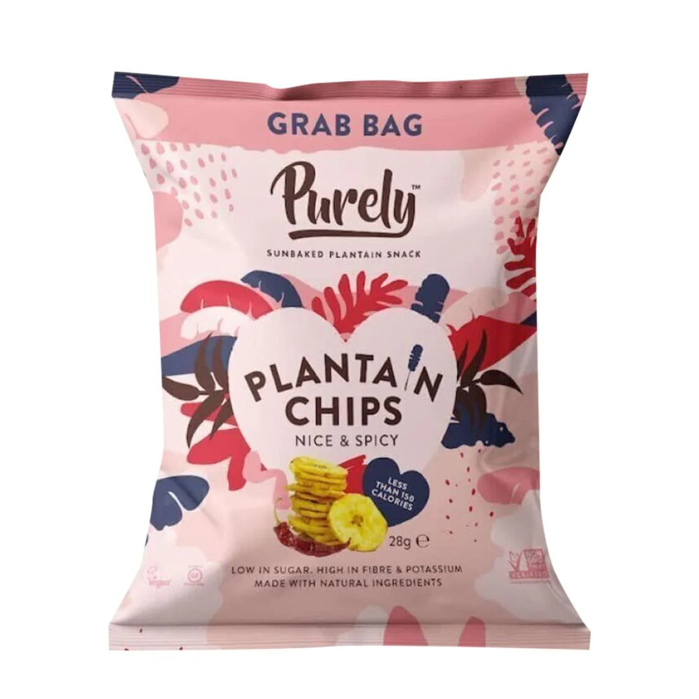 Purely Plantain Chips Nice & Spicy, chips di platano speziate e piccante da 28g