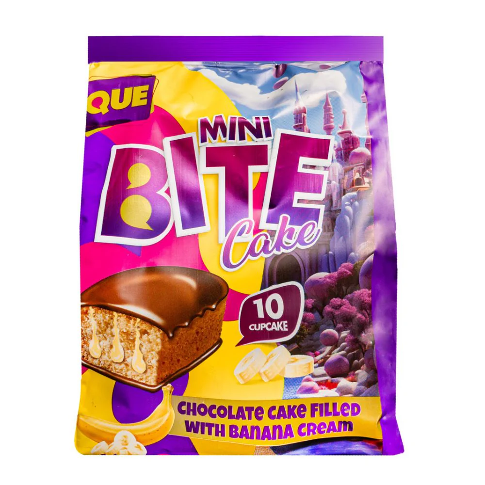 Que Mini Bite Cake Banana, merendine con crema alla banana e ricoperte di cioccolato da 180g