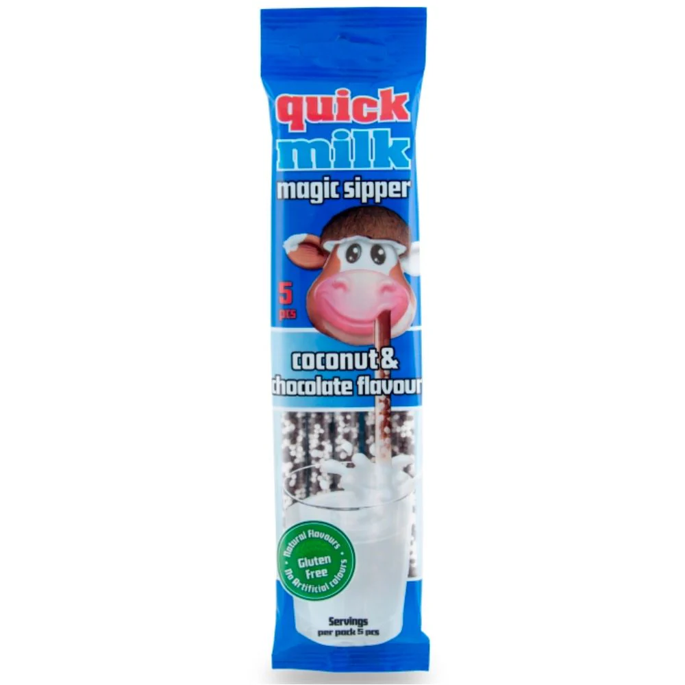 Quick Milk Magic Sipper Coconut and Chocolate Flavor, cannucce con caramelle al cocco e cioccolato da 30g