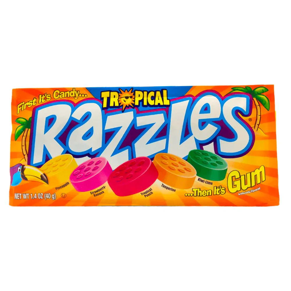 Razzles Tropical, caramelle al gusto di frutta tropicale da 40g