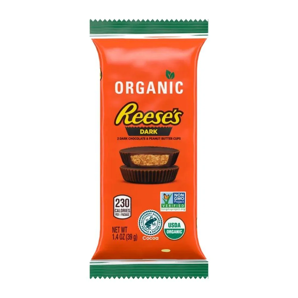 Reese's Organic Peanut Butter Cups Dark, tazze di cioccolato fondente ripiene di burro d'arachidi da 39g