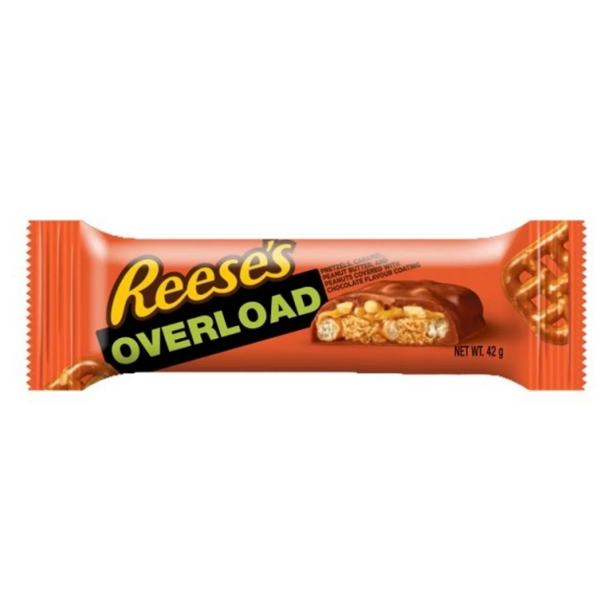 Reese's Overload, barretta di cioccolato ripiena di pretzel, arachidi e burro d'arachidi da 42g