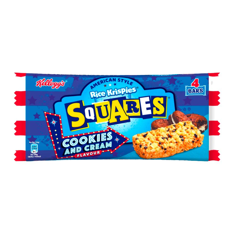 Rice Krispies Squares Cookies&Cream, riso soffiato con cioccolato bianco e pezzi di biscotto da 136g