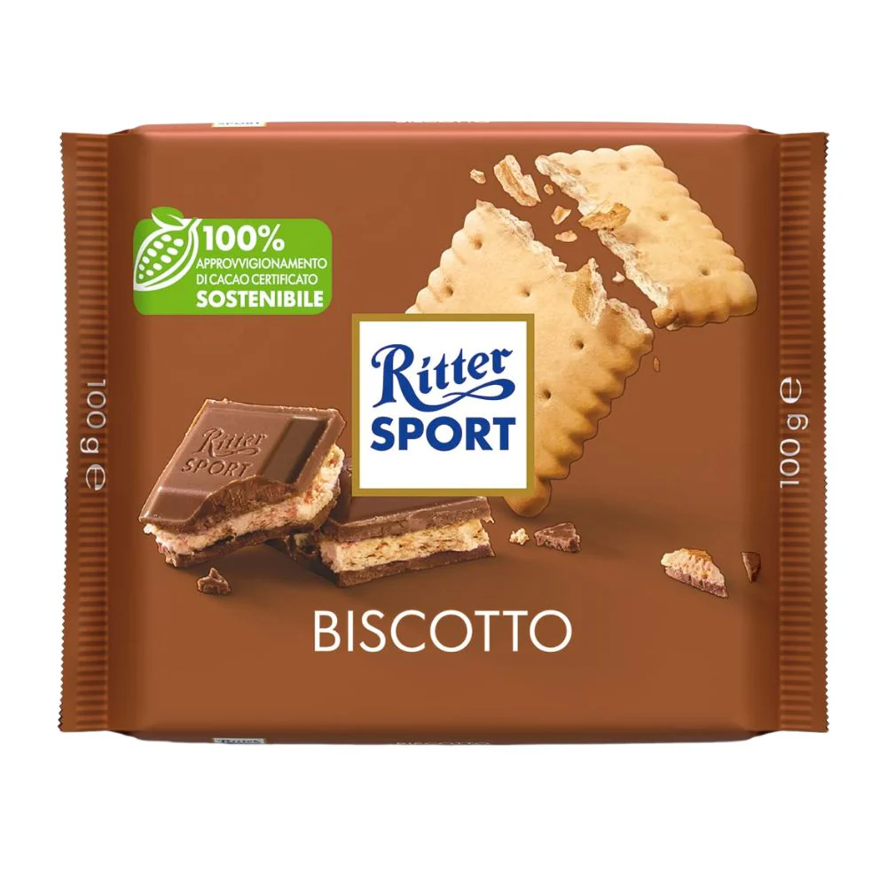 Ritter Sport Biscotto, cioccolato al latte ripieno con crema al cacao e biscotto da 100g