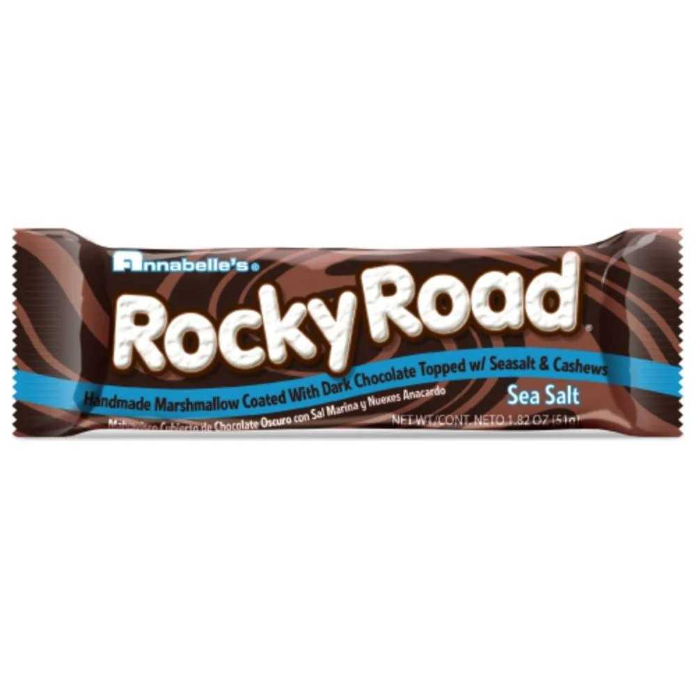 Rocky Road Sea Salt, barretta di marshmallow ricoperta di cioccolato fondente e anacardi salati da 51g