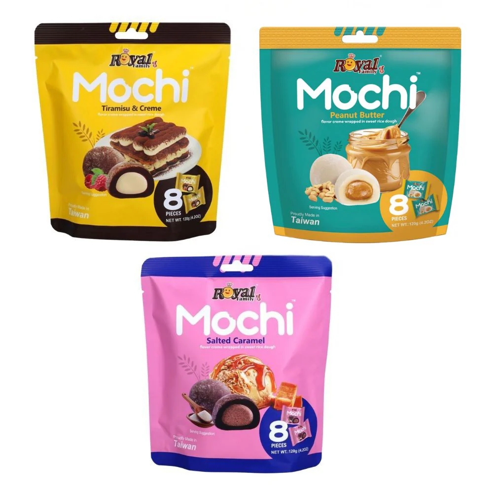 Royal Family Mochi Mix: 1 Tiramisu & Creme da 120g, 1 Royal Family Mochi Peanut Butter da 120g, 1 Royal Family Mochi Salted Caramel da 120g