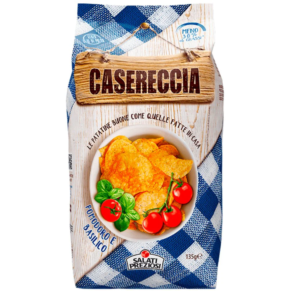 Salati Preziosi Casereccia Pomodoro e Basilico, patatine al gusto di pomodoro e basilico da 135g