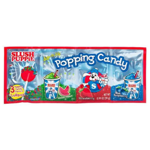 Slush Puppie Dip-N-Lik Popping Candy, confezione da 28g caratterizzata da un lecca-lecca e da caramelle frizzanti in vari gusti