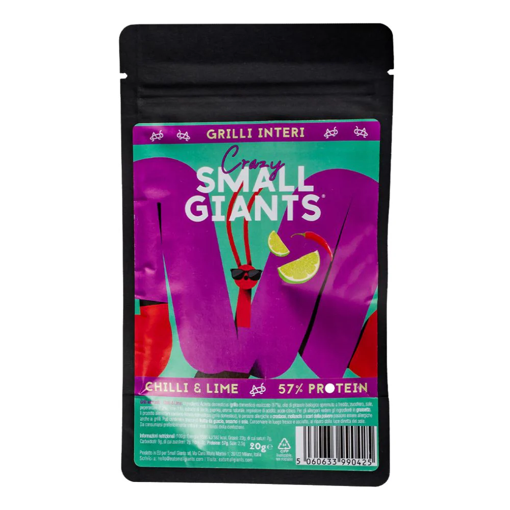 Small Giants Grilli Interi Chilli Lime, grilli essiccati aromatizzate al chilli e lime da 20g