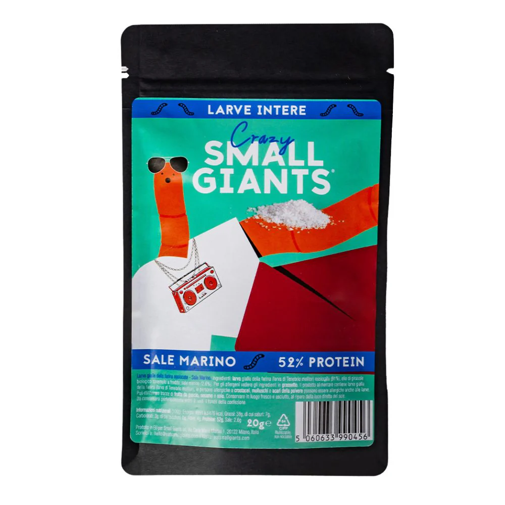 Small Giants Larve Intere Sale Marino, larve della farina essiccate aromatizzate al sale marino da 20g
