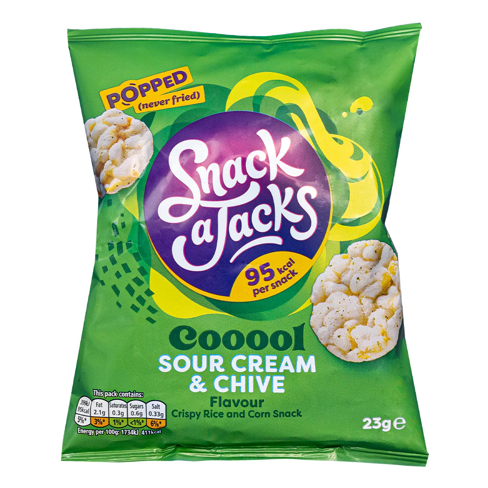 Snack a Jacks Sour Cream & Chive, snack di riso al gusto di panna acida e erba cipollina da 23g