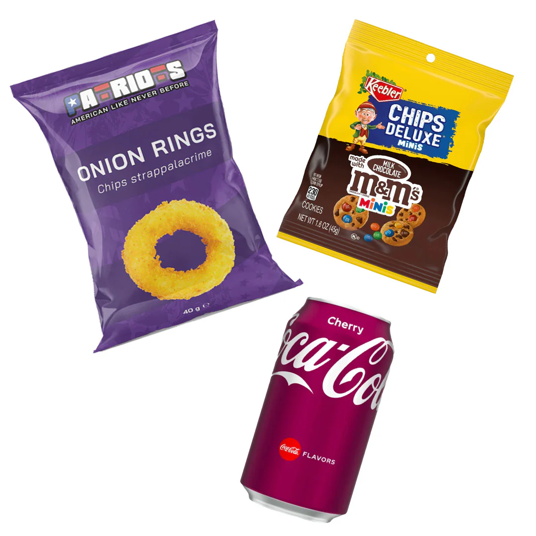 SNACK & GO KIT: Coca Cola Cherry, M&M’s Bite Size Cookies, Patriots Onion Rings