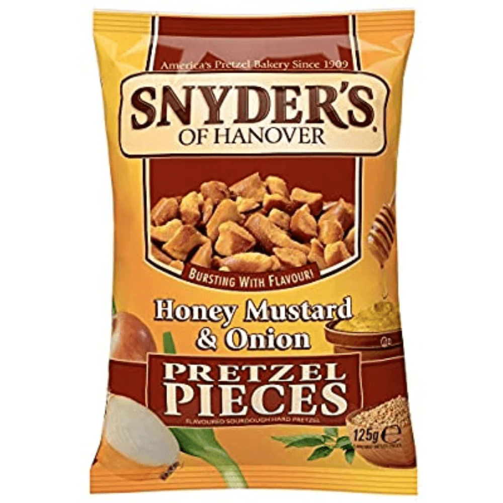 Snyder's Pretzel Pieces Honey Mustard & Onion, pretzel al miele e alla senape aromatizzati alla cipolla da 125g