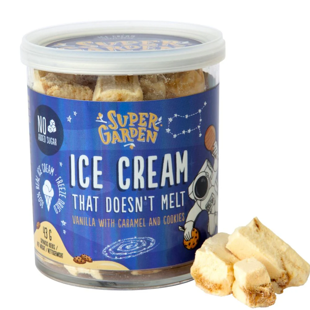 Super Garden Ice Cream Caramel and Cookies, gelato liofilizzato al gusto di vaniglia con caramello e biscotti da 43g