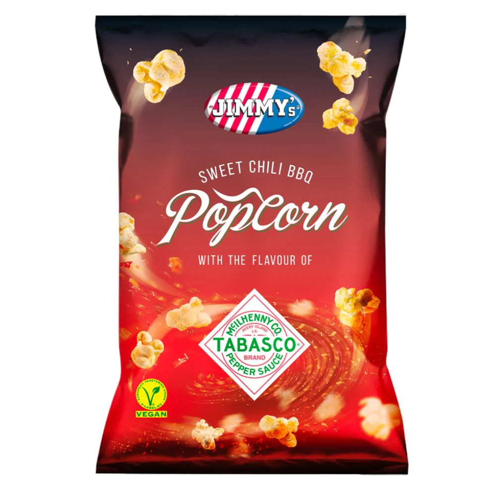 Jimmy's Tabasco Popcorn BBQ, popcorn al gusto di salsa barbecue e tabasco da 90g