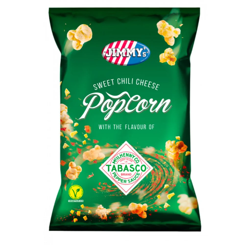 Jimmy's Tabasco Popcorn Sweet Chili Cheese, popcorn al gusto di formaggio e tabasco da 90g