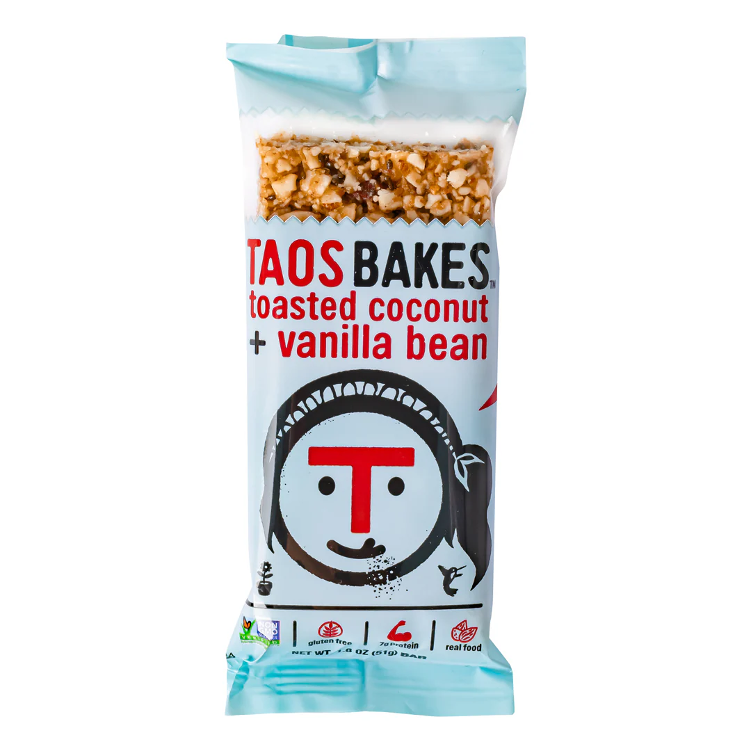 Taos Bakes Toasted Coconut Vanilla Bean, barretta di mandorle al gusto di cocco e vaniglia da 51g