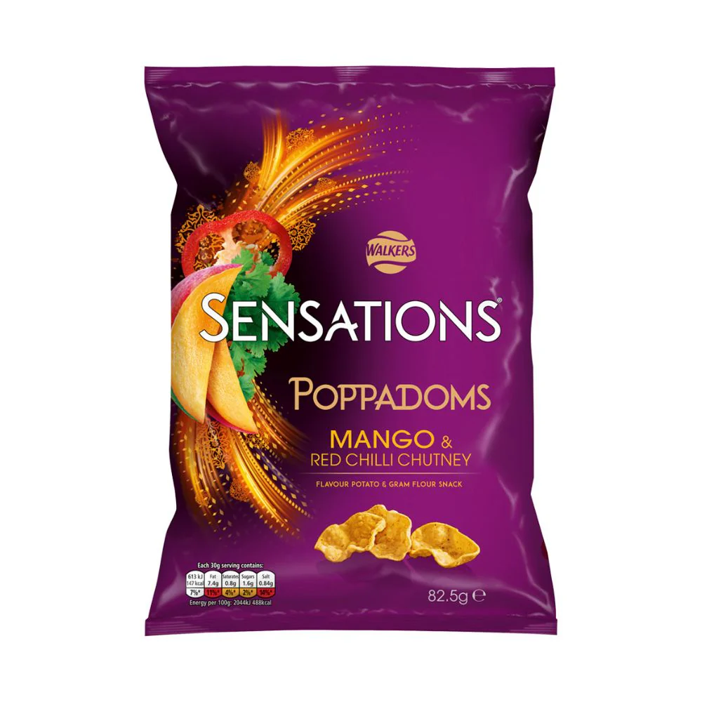 Walkers Sensation Poppadoms Mango&Red Chilli Chutney, patatine piccanti al mango da 82.5g