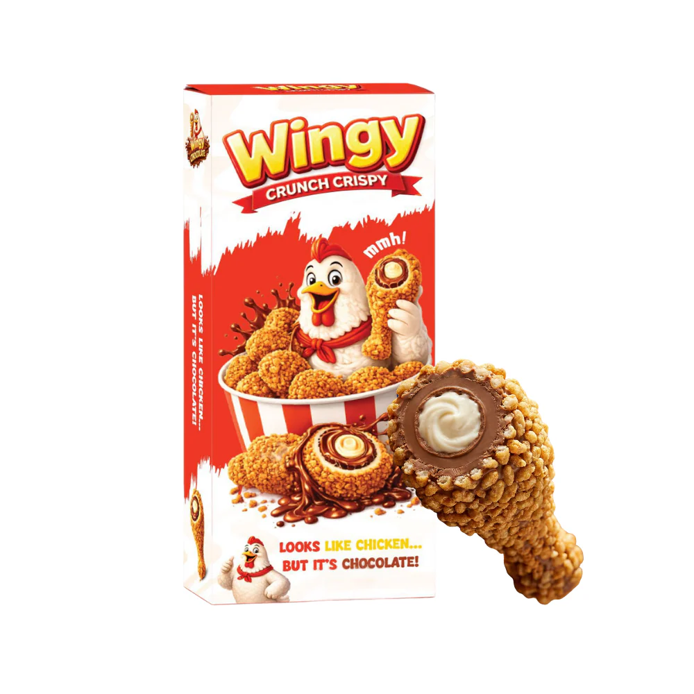 Wingy Chocolate, snack a forma di aletta di pollo con copertura croccante caramellata e ripieno di cioccolato e crema al latte da 50g