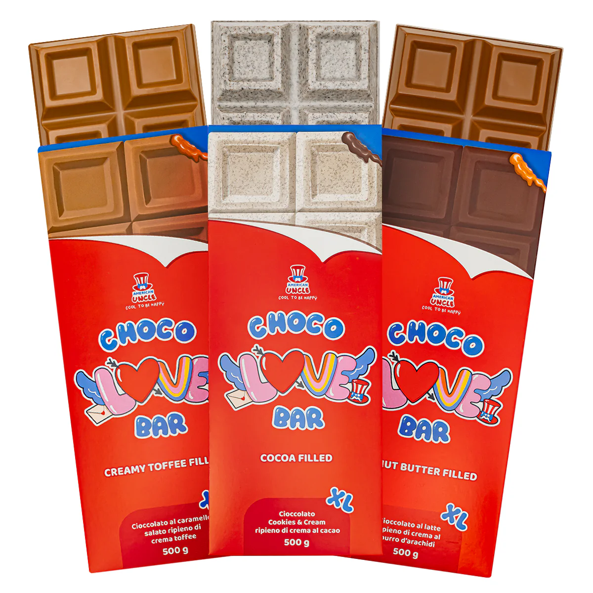 XL Peanut Butter filled Choco Love Bar + XL Creamy Toffee filled Choco Love Bar + XL Cocoa filled Choco Love Bar