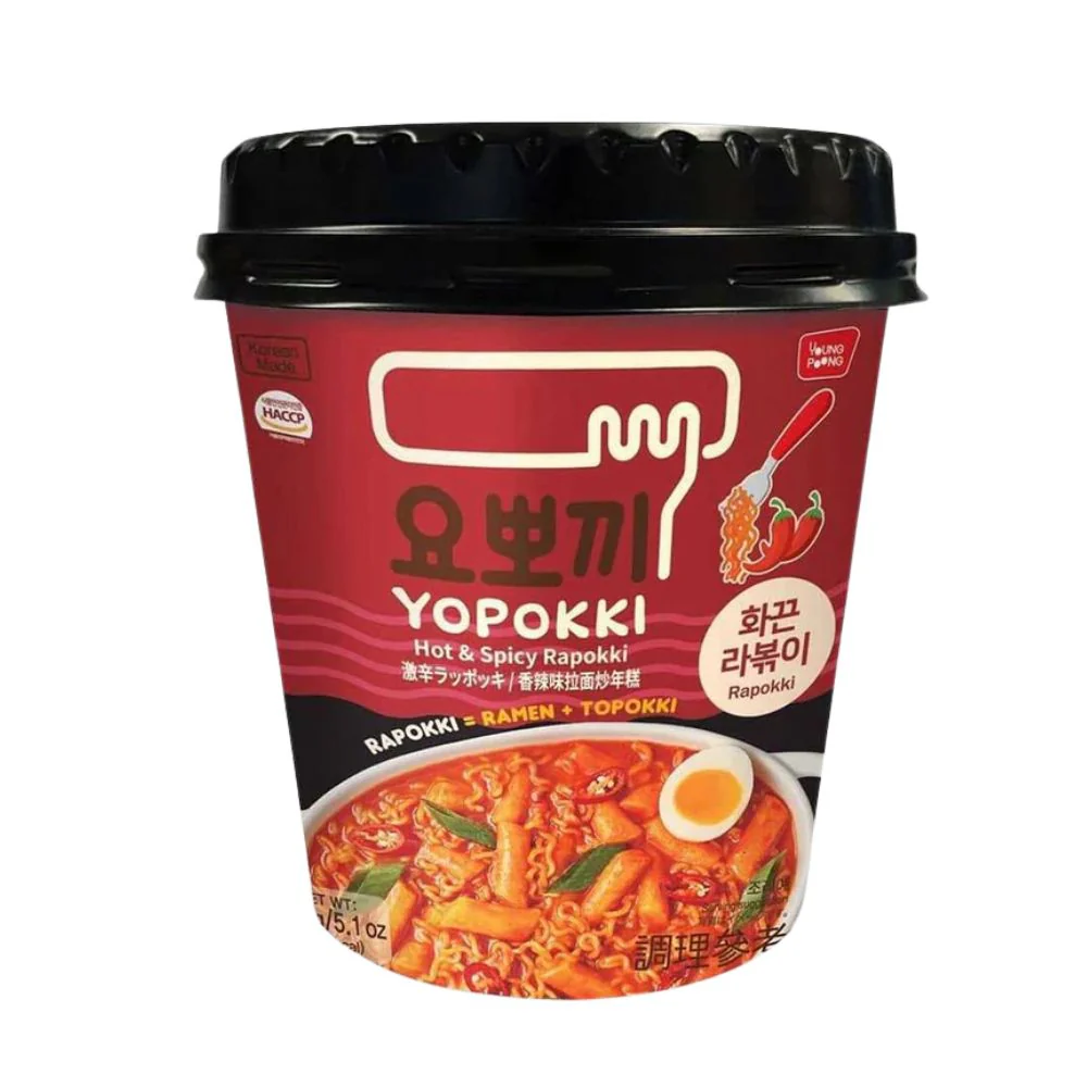 Yopokki Hot & Spicy Cup Rapokki, noodles e topokki in tazza con salsa piccante e speziata da 145g